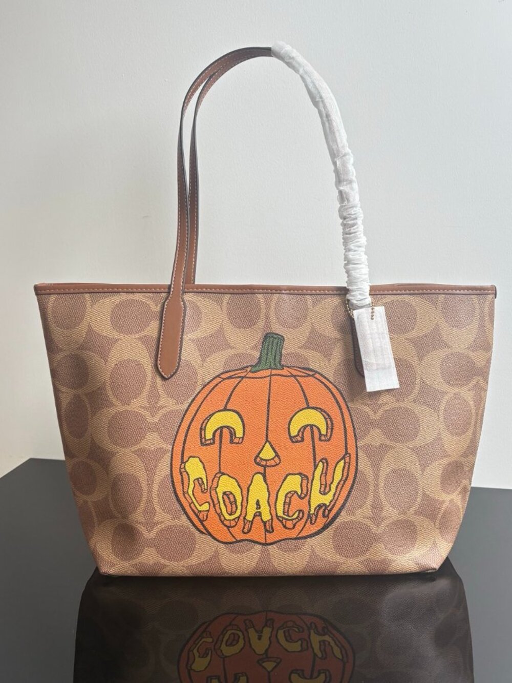 Coach Pumpkin Jack O Lantern Signature Canvas Tote Bag, Khaki Brown, Brand New